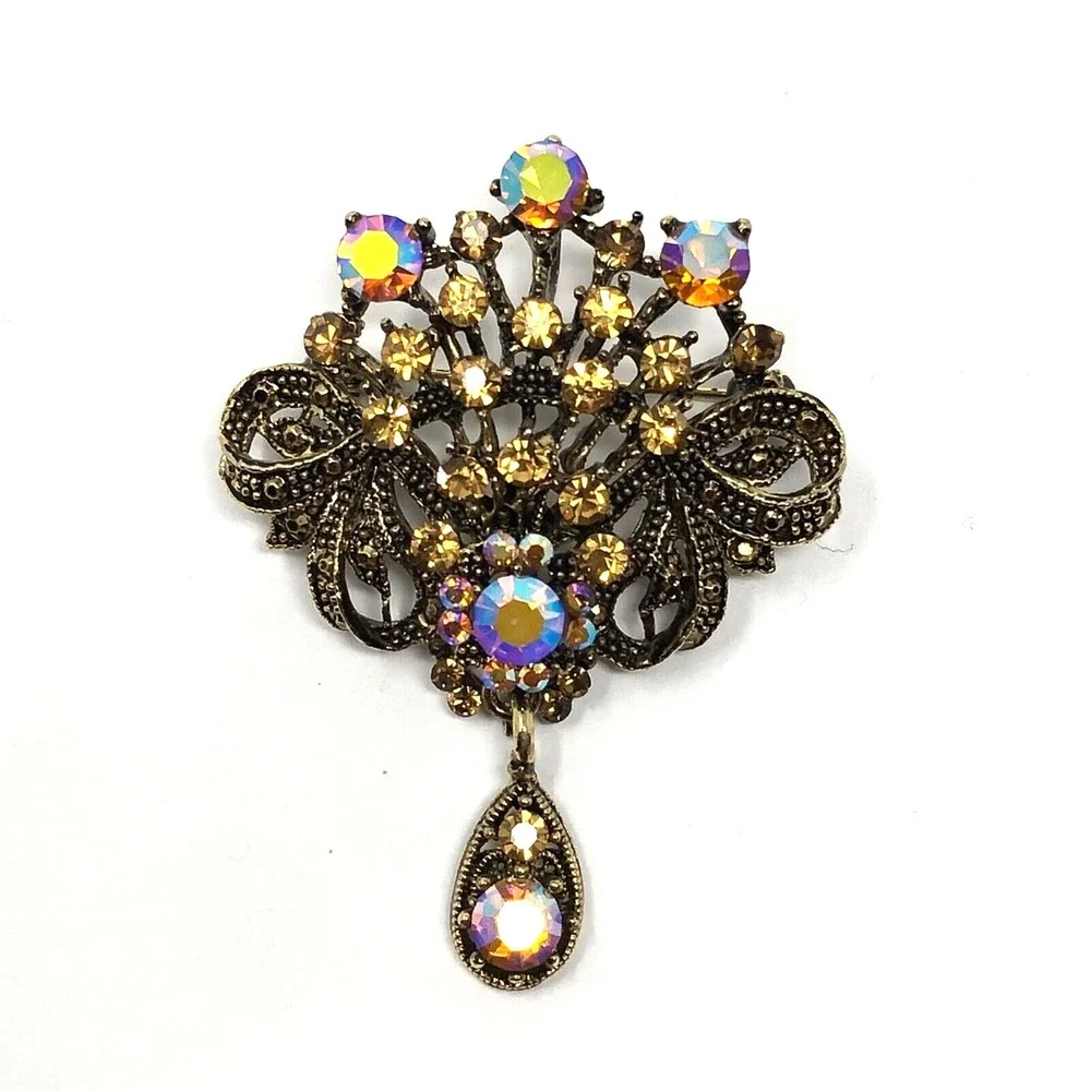 Vintage Art Deco Brooch Iridescent Stones Antique Gold Tone Dangle Met Gala